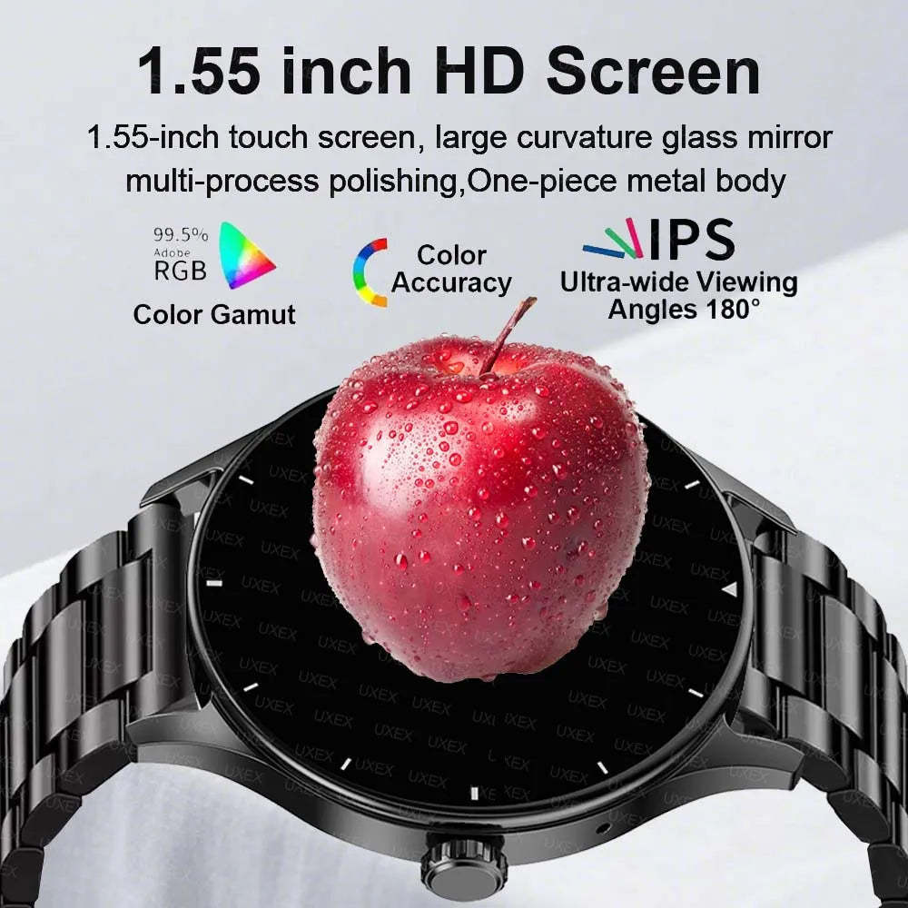 ساعة ذكية عصرية بلس 1.55 HD للرجال والنساء، تحكم بالتطبيق، مكالمات بلوتوث، متتبع صحي، صورة مخصصة، هدية مفاجئة، ساعات عمل