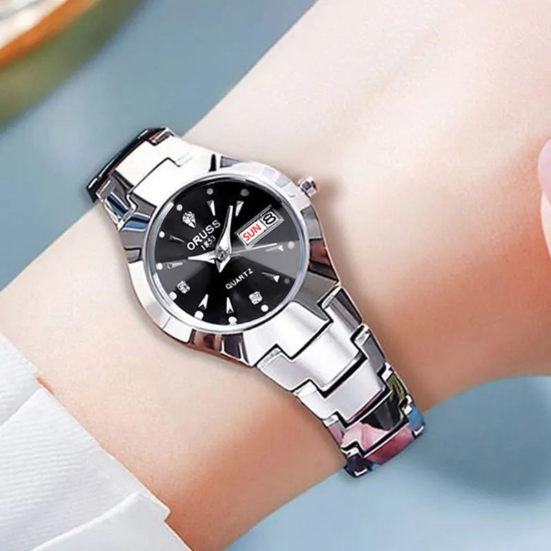 Montre Femme ORUSS de marque tendance, en acier inoxydable de haute qualité, étanche, avec aiguille lumineuse, calendrier de la semaine, élégance, montre à quartz pour femme.
