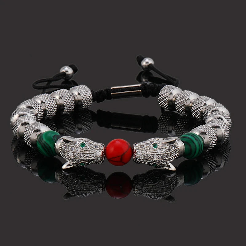 Bracelet Homme Perles en Acier Inoxydable Luxe Têtes de Léopard Royales Breloques Bijoux Cadeau Garçon