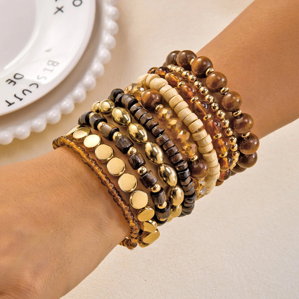 Lot de 10 Bracelets Bohèmes Chic en Bois et Perles Mixées pour Femmes, Bracelets Exquis en Gravier de Cristal, Cadeaux de Bijoux d'Amitié
