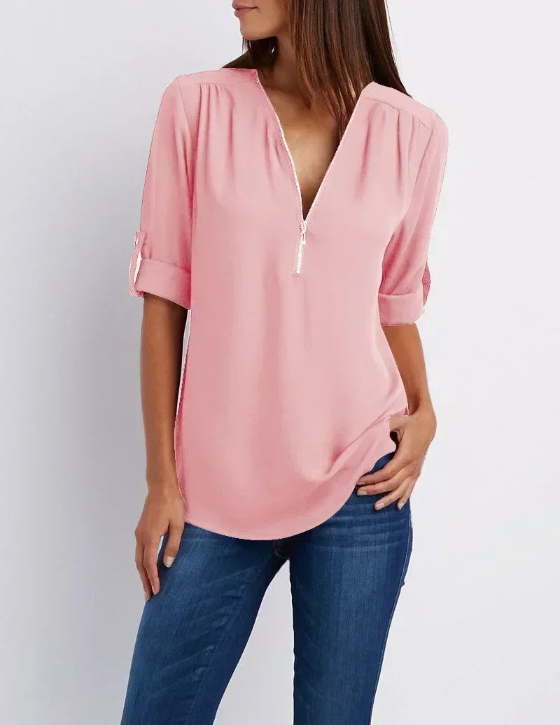 Chemise ample d'été pour femmes Col en V profond Blouse en mousseline Décontracté Tops pour femmes Sexy Fermeture éclair Pull Grande taille Manches longues Tendance