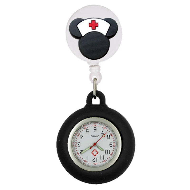 Montre de poche rétractable avec motif de dessin animé mignon pour infirmière ou médecin, clips colorés pour l'hôpital, le médical, les femmes et les hommes, avec badge enrouleur.
