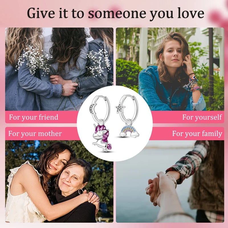 Boucles d'oreilles pendantes licorne arc-en-ciel en argent sterling 925 pour femmes, cadeaux de bijoux d'anniversaire de mariage