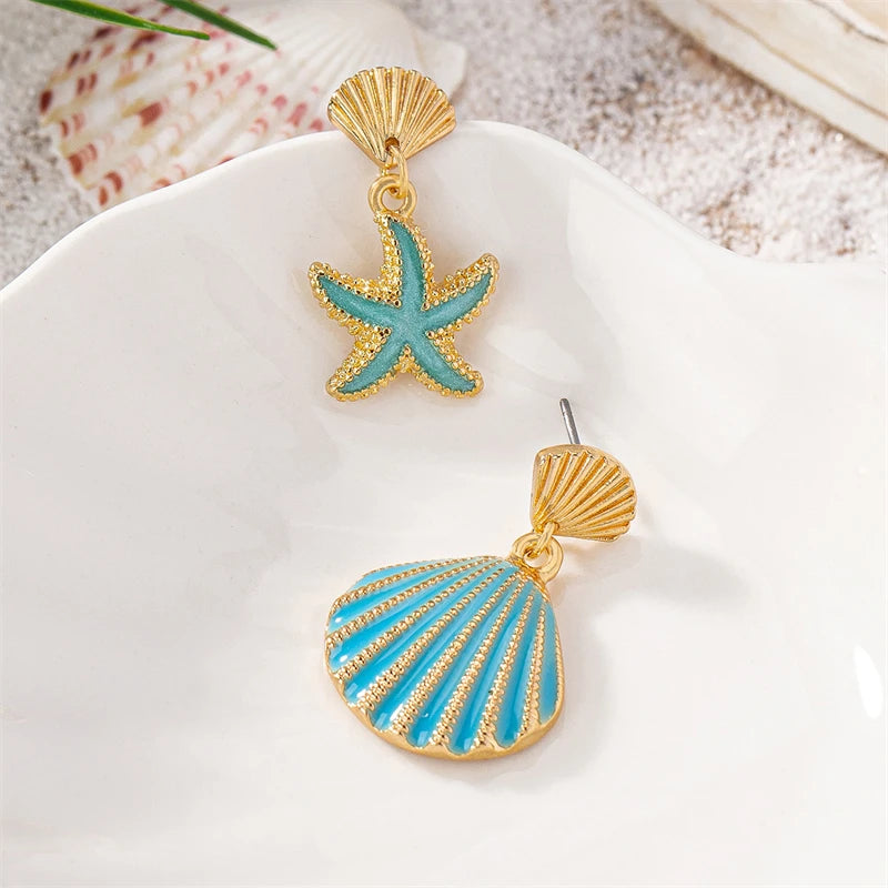 Boucles d'oreilles clous en forme d'étoile de mer et coquillage en métal pour femmes, élégantes, avec strass bleus et perles d'imitation, bijoux doux pour jeunes filles