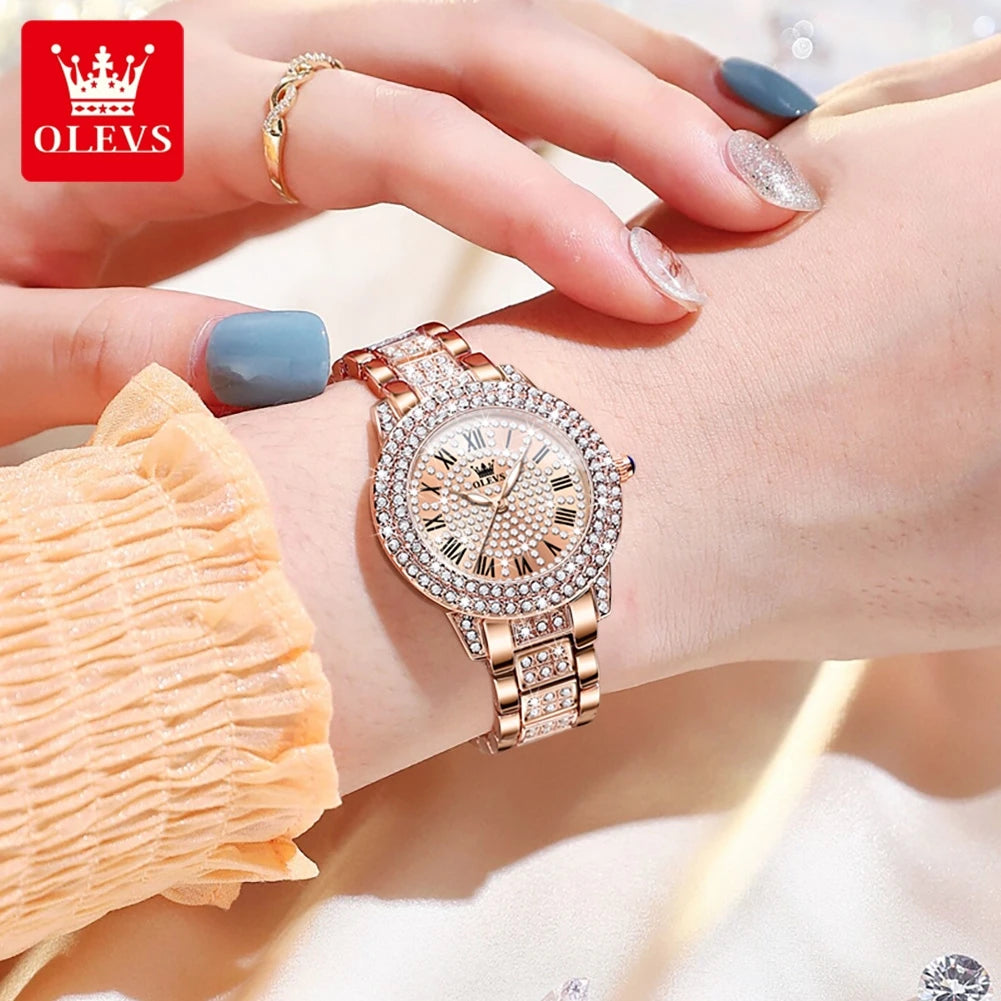 OLEVS 9943 Montre à Quartz Originale Entièrement Sertie de Diamants pour Femme Acier Inoxydable Or Rose Étanche Élégante Luxe Haut de Gamme Montre-Bracelet pour Dames