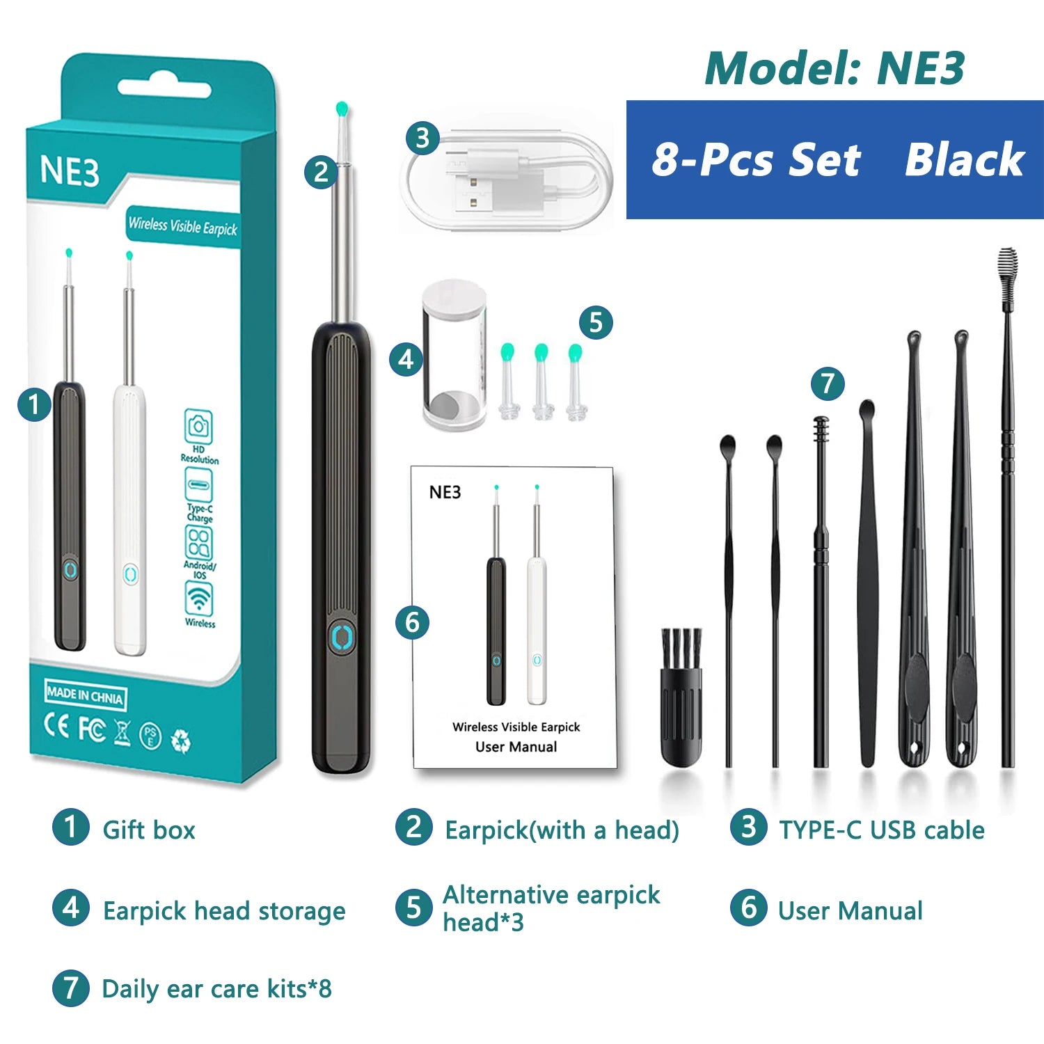 Nettoyeur d'oreilles visuel intelligent HD Bâtonnets auriculaires Otoscope USB C Endoscope de charge Outil de retrait de cérumen Pince à épiler Mini caméra Ensemble de soins de santé