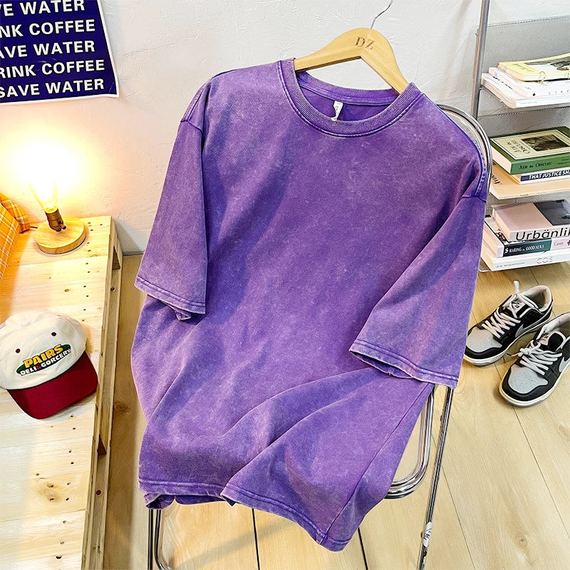 T-shirts Homme Femme Vintage Flocon de Neige Point Couleur Unie 100% Coton Manches Courtes Lavage à l'Eau Vieille Rue Hip Hop