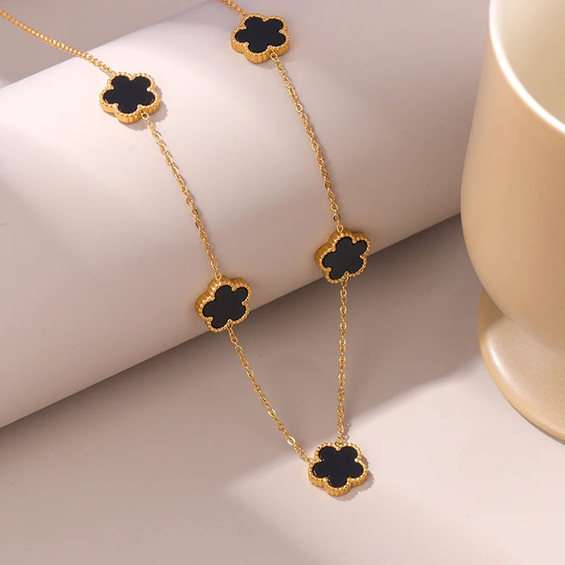 Collier en Acier Inoxydable Plaqué Or 14 Carats pour Femme, Pendentif Double Face Cinq Pétales de Fleur, Bijou Trèfle