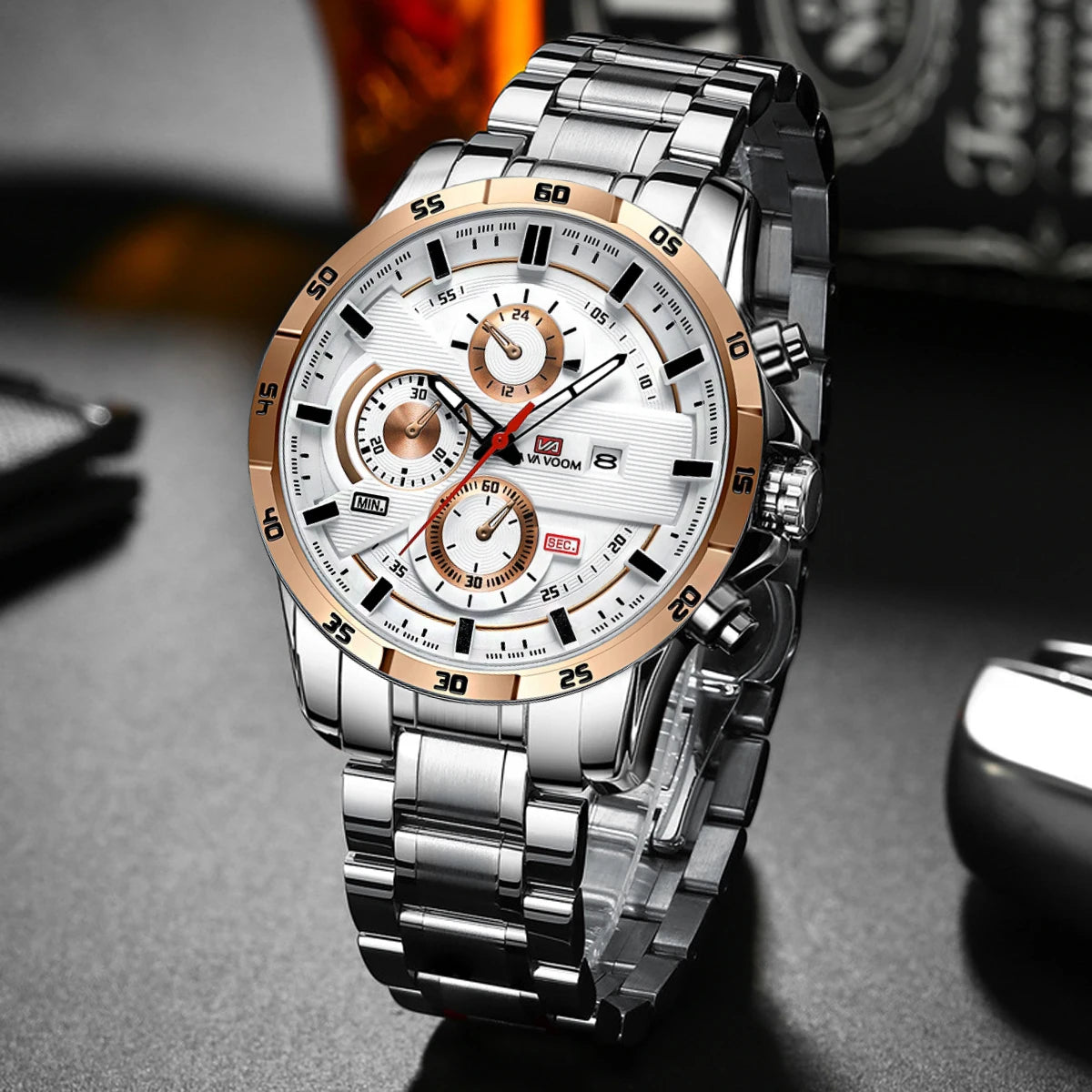 Montre Homme Sport Mode Série Racing 46mm Cuir Noir Horloge VA VA VOOM Mouvement Quartz Étanche 3 Bars Montre-bracelet pour Hommes