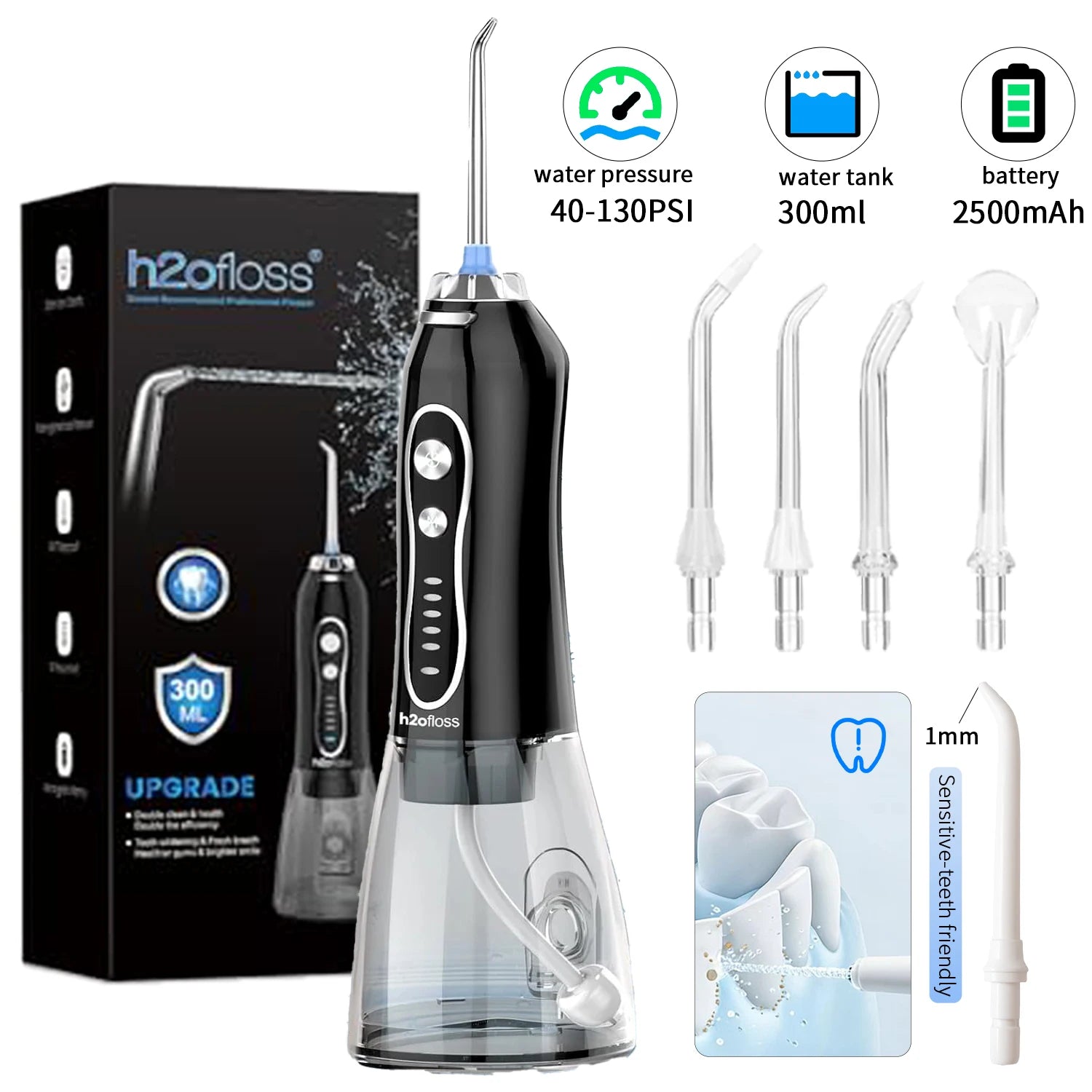 Hydropulseur sans fil H2ofloss 140 PSI, 5 modes, 5 embouts, 300 ml, batterie 2500 mAh, rechargeable par USB, irrigateur buccal portable pour le nettoyage des dents