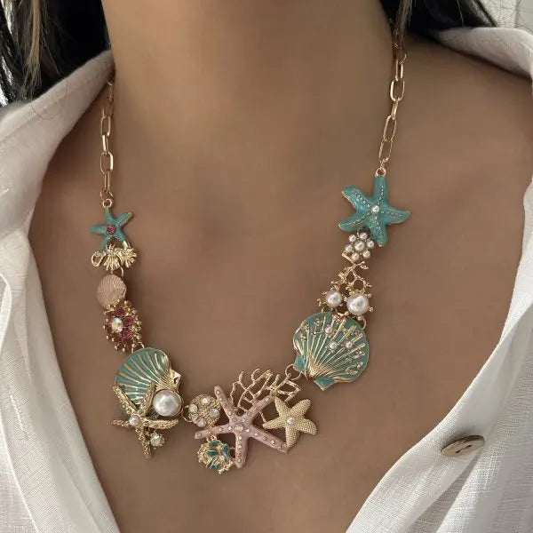Boucles d'oreilles clous en forme d'étoile de mer et coquillage en métal pour femmes, élégantes, avec strass bleus et perles d'imitation, bijoux doux pour jeunes filles