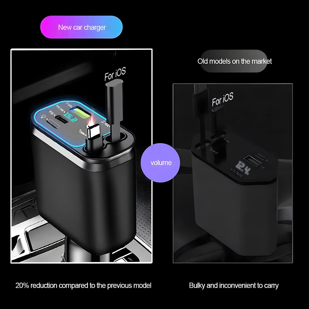 شاحن سيارة قابل للسحب من KEBIDUMEI M4 كابل شحن سريع 5 في 1 مع منفذ USB PD ضوء نجمي محول طاقة من النوع C شواحن هواتف