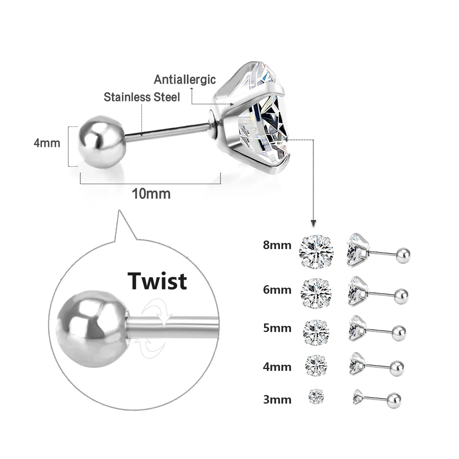 LUXUSTEEL 1 paire/2 pièces Boucles d'oreilles clous en acier inoxydable cristal pour femmes hommes 4 griffes Tragus rond clair Zircon cubique Bijoux d'oreille
