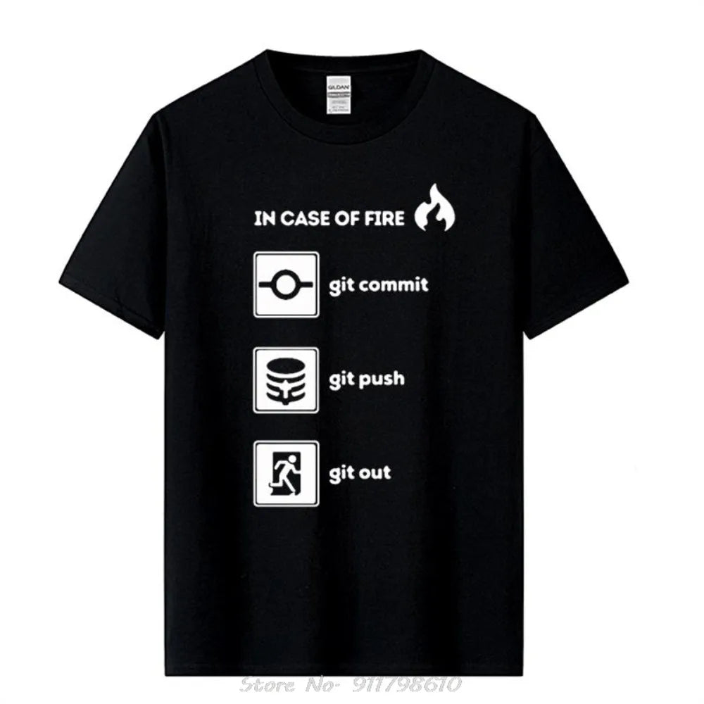 Summer Top Quality Funny Programmer Shirt- in Case of Fire Git Commit Push Out Graphic T Shirts Oversized T Shirt