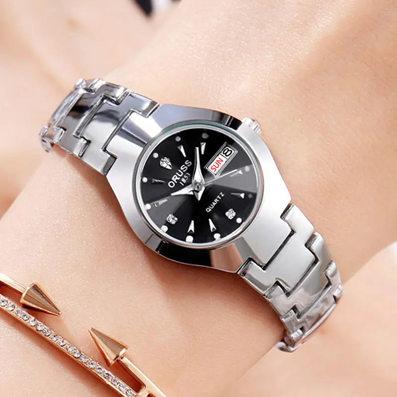 Montre Femme ORUSS de marque tendance, en acier inoxydable de haute qualité, étanche, avec aiguille lumineuse, calendrier de la semaine, élégance, montre à quartz pour femme.