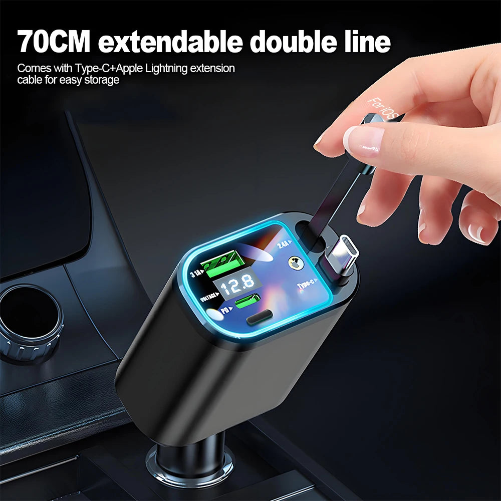 شاحن سيارة قابل للسحب من KEBIDUMEI M4 كابل شحن سريع 5 في 1 مع منفذ USB PD ضوء نجمي محول طاقة من النوع C شواحن هواتف