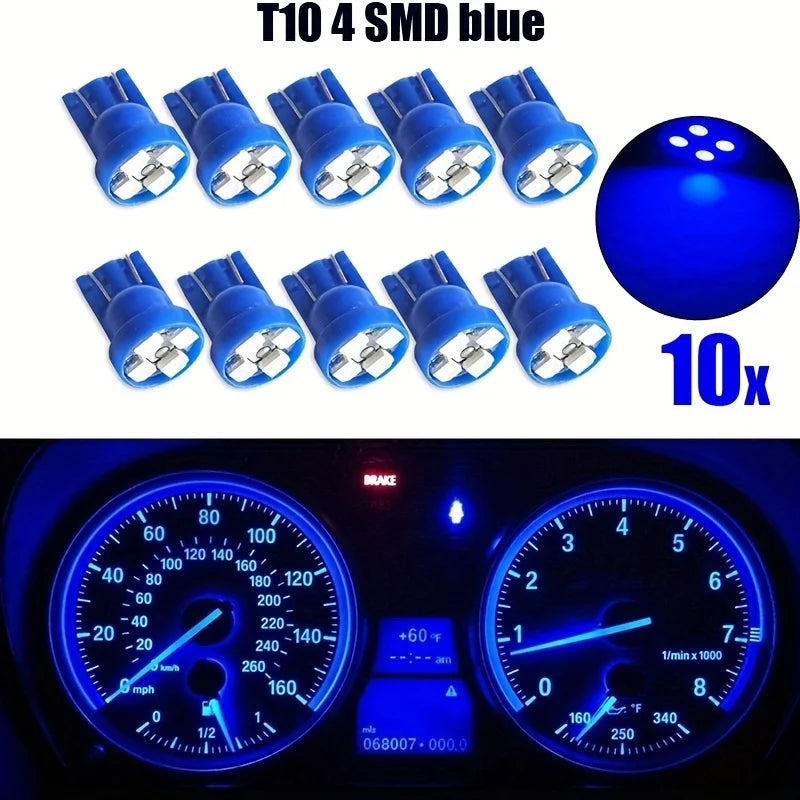 Lot de 10 ampoules LED T10 4SMD 1210 pour tableau de bord, bleu, pour lecture de voiture