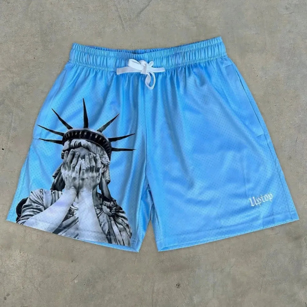 Shorts d'été pour hommes de style européen et américain, imprimé Statue de la Liberté, confortables et respirants, avec cordon de serrage, décontractés, pour l'extérieur