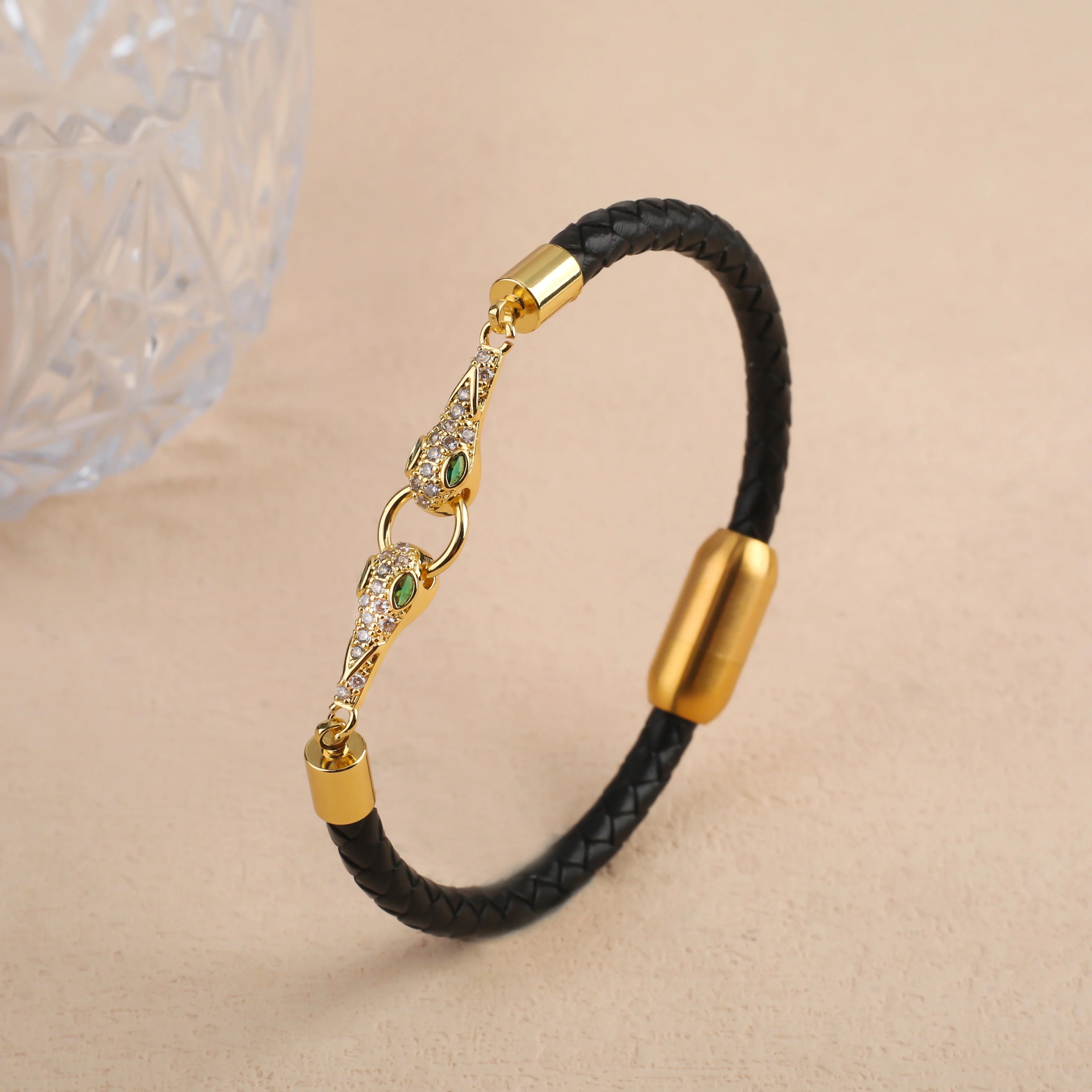Bracelet Cordon Cuir Tressé Tête de Léopard Style Animal Bully Mode Homme Femme Bijoux Acier Inoxydable Zirconia Quotidien