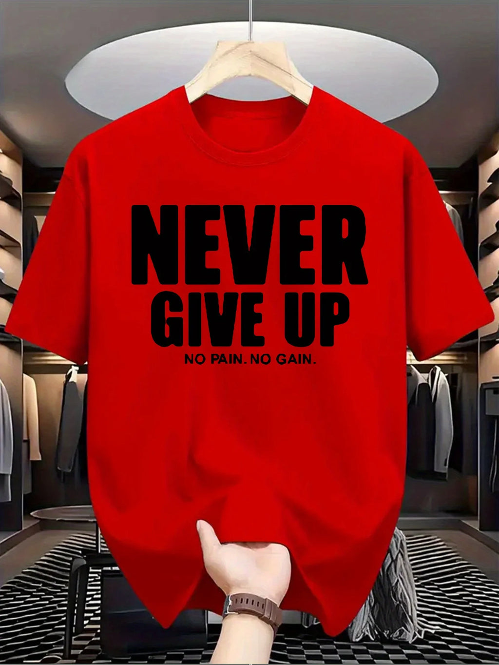 Men's 100% pure cotton fashionable casual loose sports never give up letter pattern printed round neck short sleeved T-shirt top