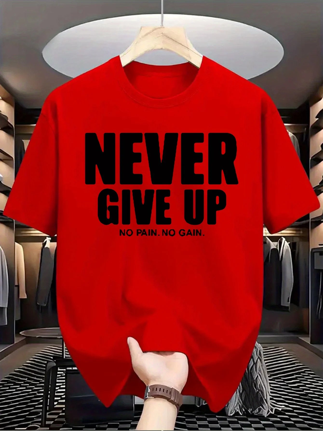 Men's 100% pure cotton fashionable casual loose sports never give up letter pattern printed round neck short sleeved T-shirt top