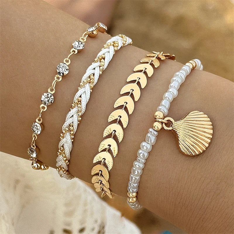 Lot de 4 bracelets bohèmes en coquillage pour femme, style ethnique, perles de riz colorées en zircon, chaîne en métal, bijoux de plage d'été pour fille