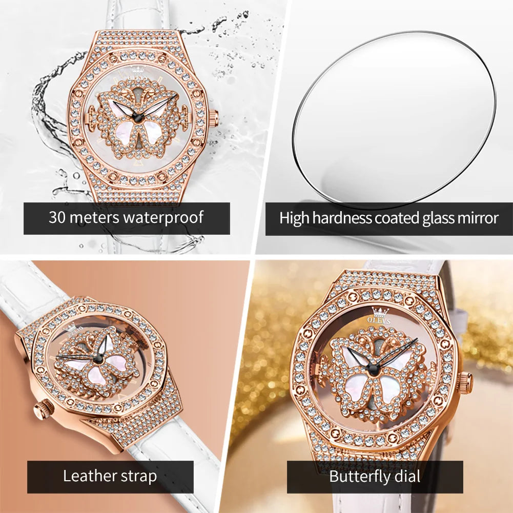 OLEVS 9996 Montre à quartz pour femmes Marque de luxe Tendance Montre-bracelet pour femme Papillon Luxe Étanche Bracelets en cuir véritable Montres de soirée
