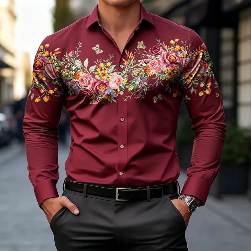 Chemises à motif floral papillon de jardin romantique européen pour hommes, coupe ajustée, manches longues, hauts de bureau formels
