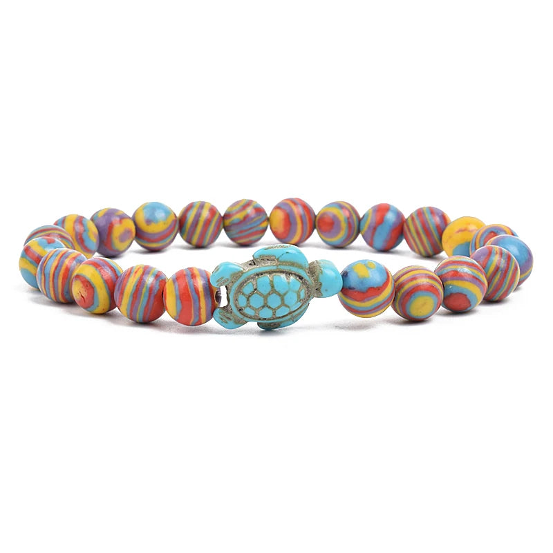 Bracelet perles tortues de mer 8 mm Turquoise Pierre Naturelle Élastique Extensible Femmes Hommes Amitié Bijoux d'Été Plage Cadeaux