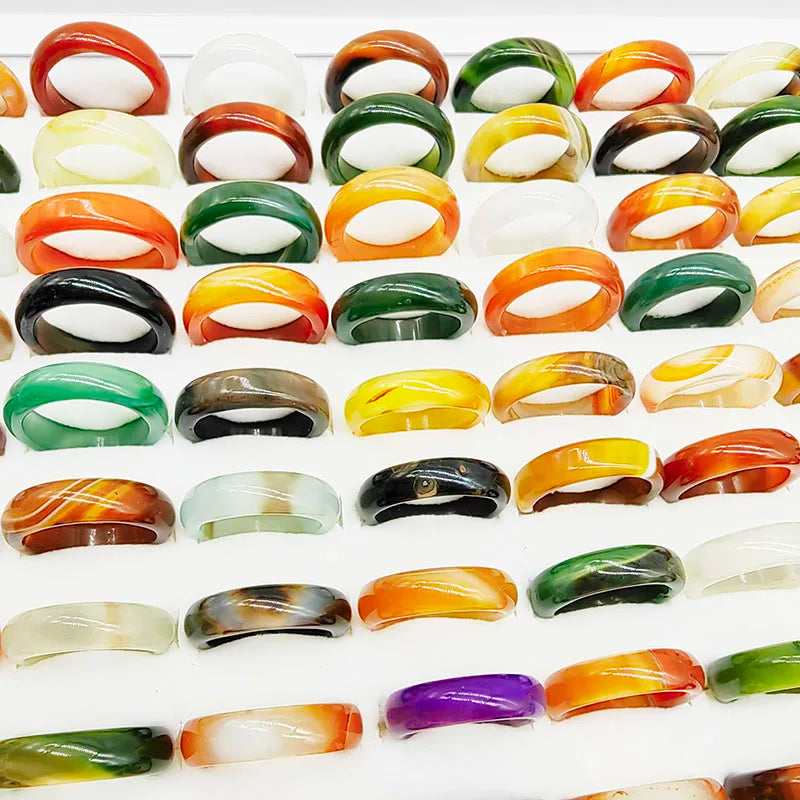 20 pièces/lot de bagues en pierre d'agate couleur mélangée, style bohème, pour femmes, grain naturel, articulées, cadeau de mariage, de fête