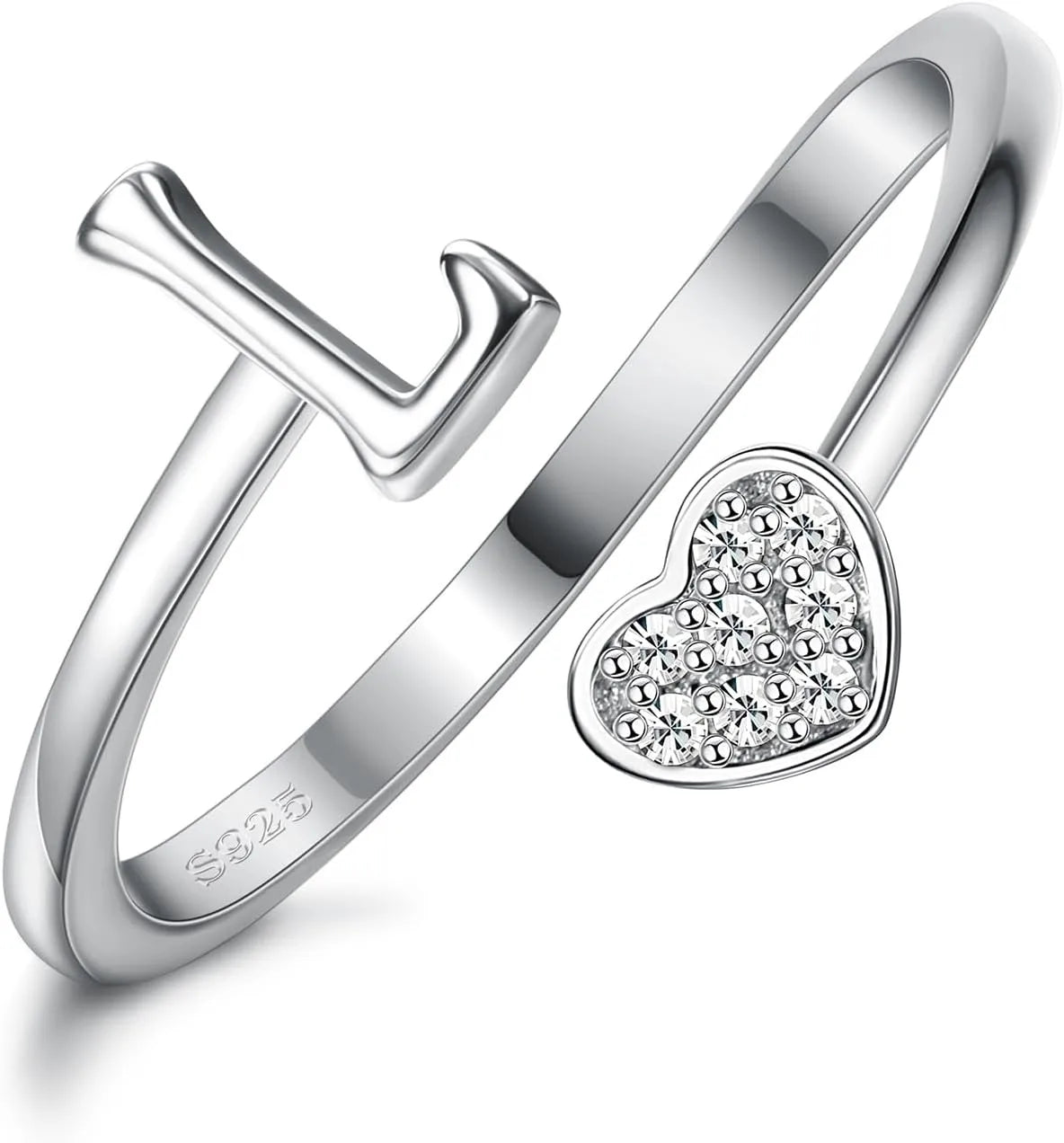 Fansilver Bagues initiales en argent sterling 925, bagues empilables réglables en forme de cœur, jolies bagues alphabétiques en forme de cœur, cadeau pour elle