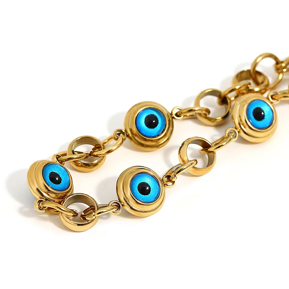 Greatera Lucky Turkish Evil Eye Beads Chain Stainless Steel Bracelets for Women Gold Plated Charm Waterproof Jewelry