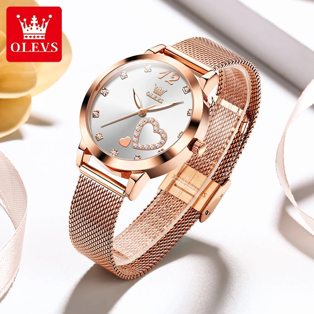 OLEVS 5189 Montre Femme Quartz Montre-Bracelet Décontractée Mode pour Femmes Étanche Lumineuse Maille Ceinture Cadran Amour Échelle Zircon