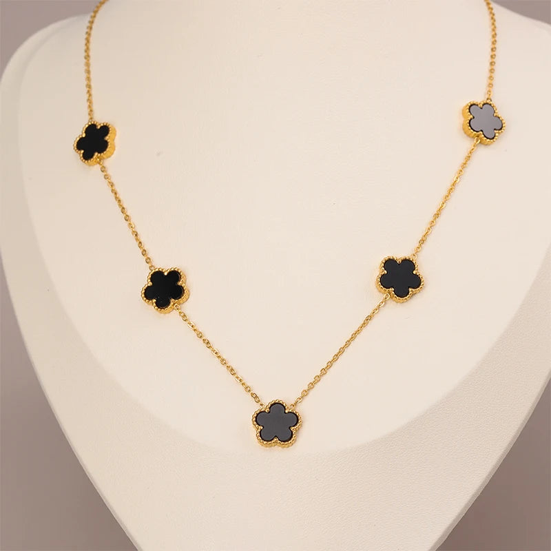 Collier en Acier Inoxydable Plaqué Or 14 Carats pour Femme, Pendentif Double Face Cinq Pétales de Fleur, Bijou Trèfle