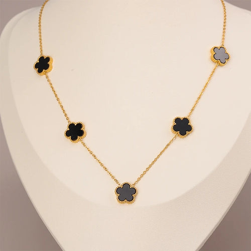 Collier en Acier Inoxydable Plaqué Or 14 Carats pour Femme, Pendentif Double Face Cinq Pétales de Fleur, Bijou Trèfle