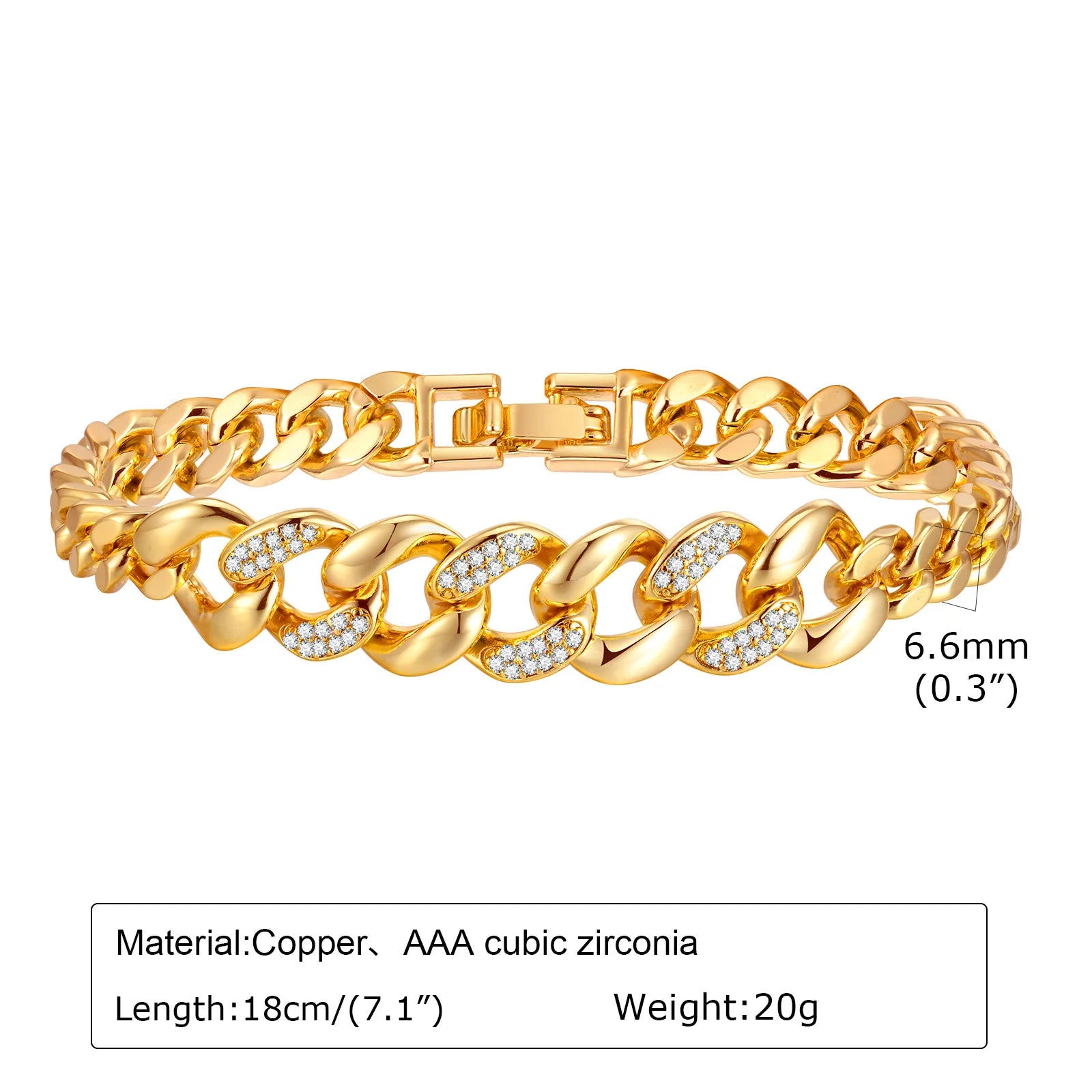 Bracelet chaîne trombone en or 14 carats plaqué oxyde de zirconium, bracelet de montre à maillons épais réglable et superposable pour femme et fille, idée cadeau