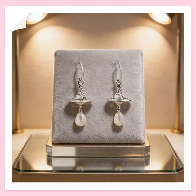 Boucles d'oreilles pendantes Saturn en ton argent avec perle baroque et oxyde de zirconium, boucles d'oreilles pendantes fantaisie pour femmes, cadeau de fête