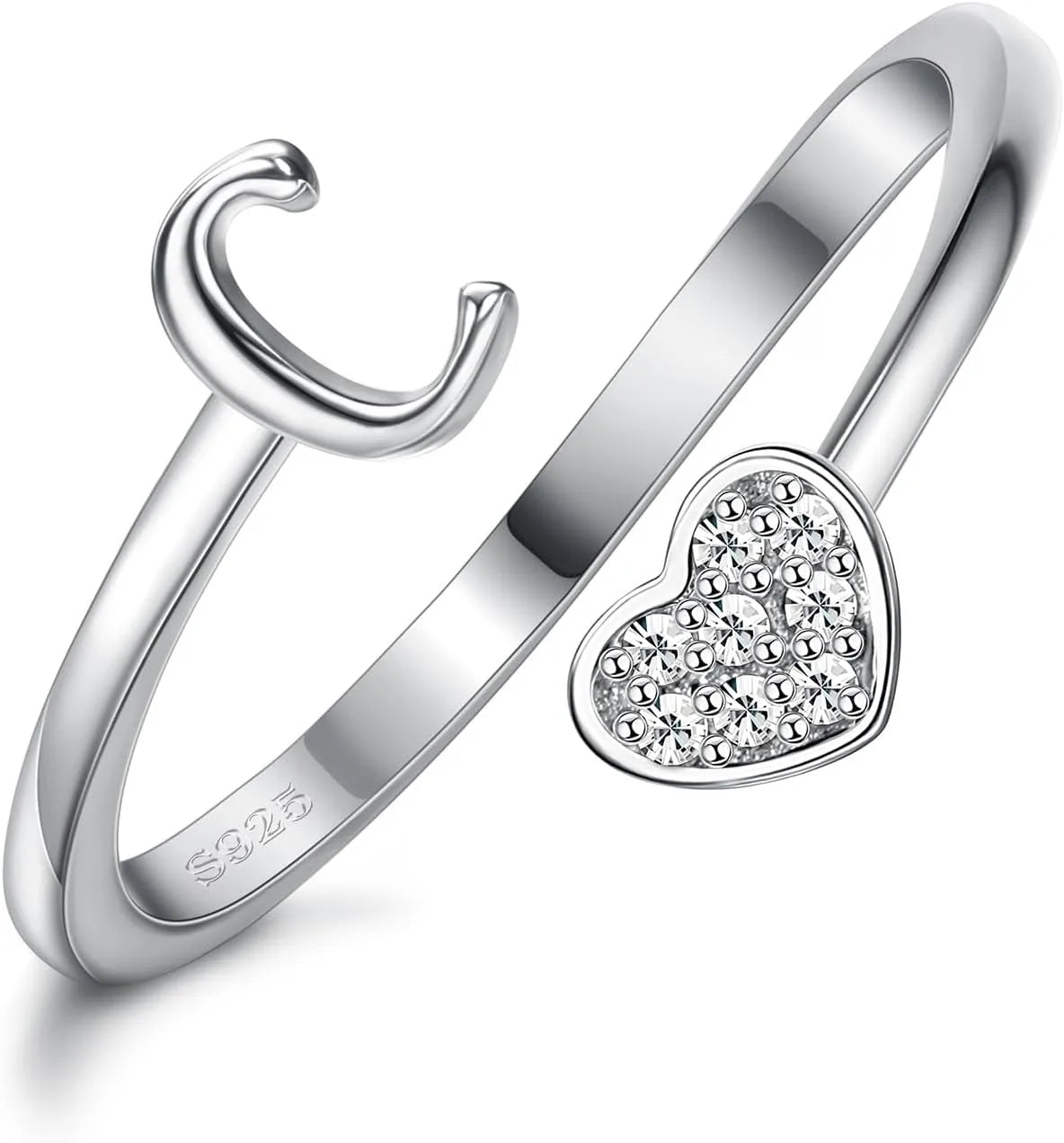 Fansilver Bagues initiales en argent sterling 925, bagues empilables réglables en forme de cœur, jolies bagues alphabétiques en forme de cœur, cadeau pour elle