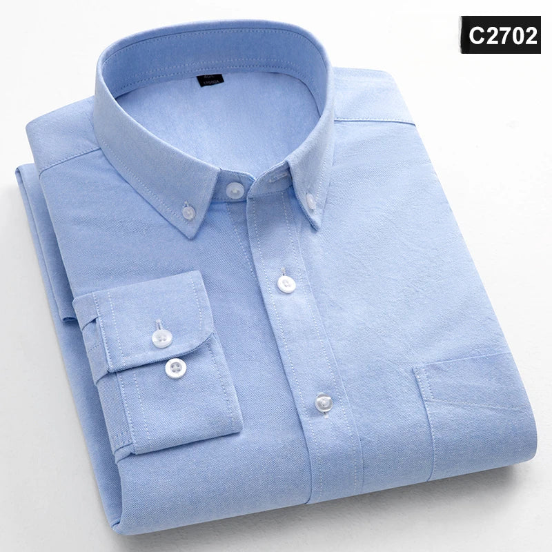 Chemise à manches longues 100 % coton pour homme, coupe classique, poche unique, coupe ajustée, haut décontracté, tissu Oxford doux, couleur unie, vêtements de bureau