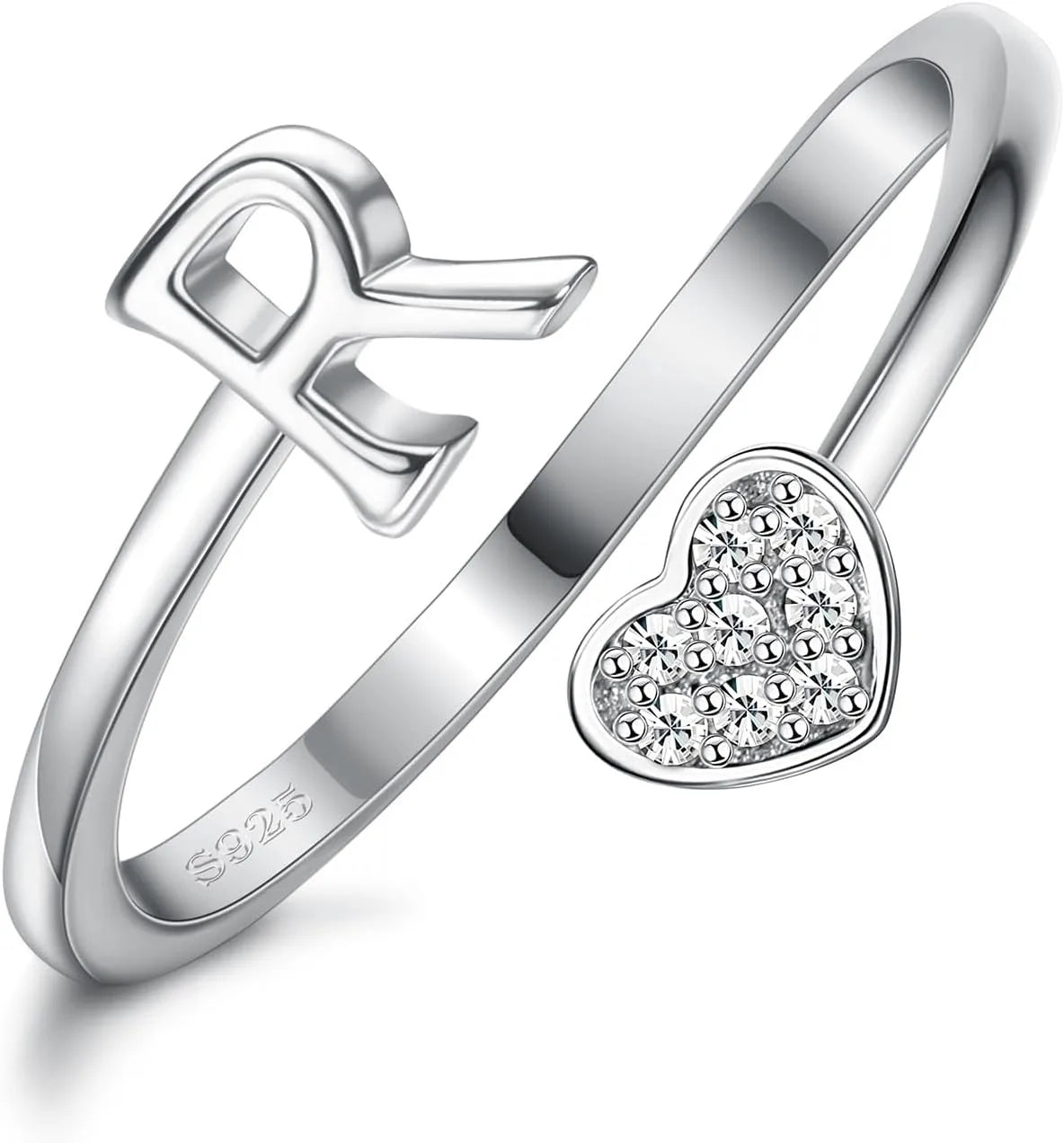 Fansilver Bagues initiales en argent sterling 925, bagues empilables réglables en forme de cœur, jolies bagues alphabétiques en forme de cœur, cadeau pour elle