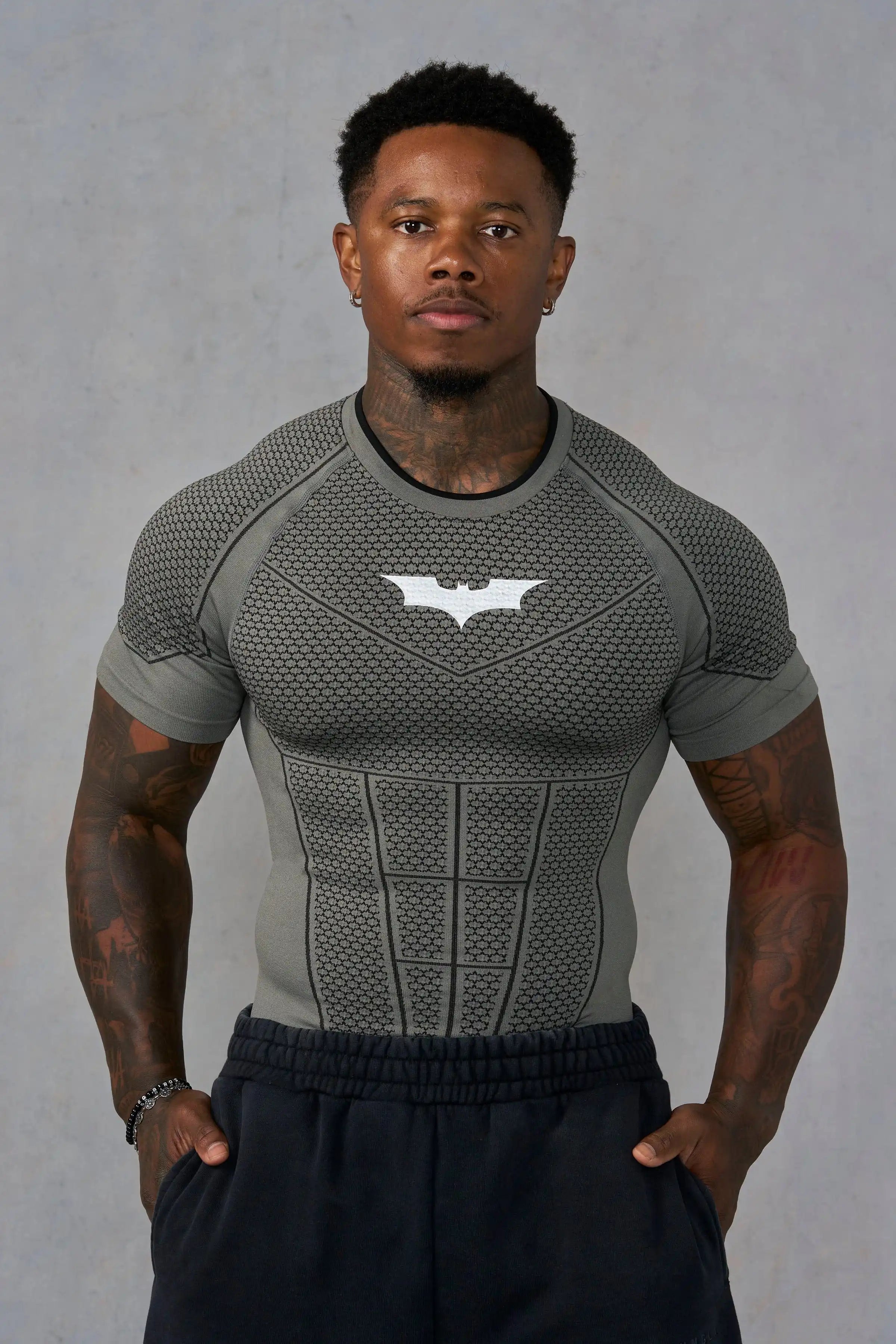 T-shirt de compression homme imprimé Batman, manches courtes sans coutures nid d'abeille respirant séchage rapide, haut de sport fitness ultra-élastique, course à pied