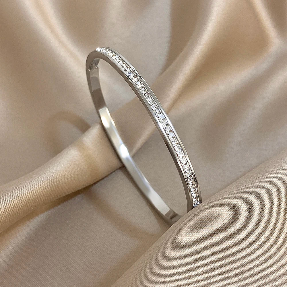 Bracelets joncs en acier inoxydable avec strass brillants pour femmes, couleur or et argent, empilables, bijoux cadeaux