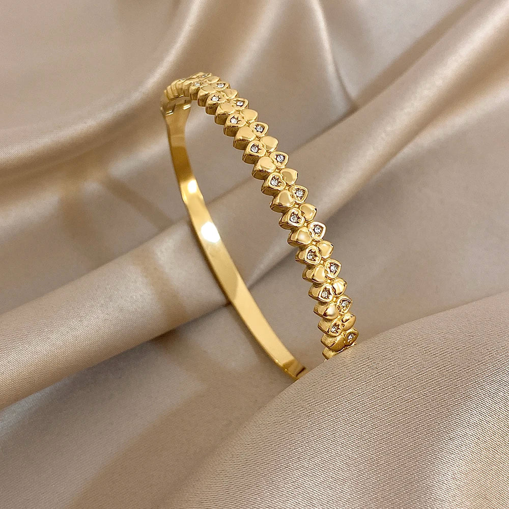 Nouveau Bracelet Manchette en Acier Inoxydable Étanche pour Femme Exquis Brillant Incrusté de Zircon Géométrique Superposable Bijoux Cadeaux