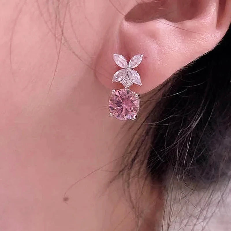 Huitan Exquisite Flower Dangle Earrings Pink Cubic Zirconia for Women Silver Color Temperament Sweet Accessories Fashion Jewelry