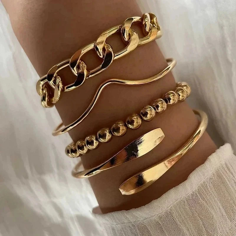 Ensemble de 3 Bracelets et Joncs Ouverts de Forme Irrégulière avec Lignes Torsadées Géométriques pour Femme, Accessoires de Style Punk Exagéré