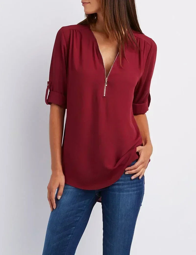 Chemise ample d'été pour femmes Col en V profond Blouse en mousseline Décontracté Tops pour femmes Sexy Fermeture éclair Pull Grande taille Manches longues Tendance