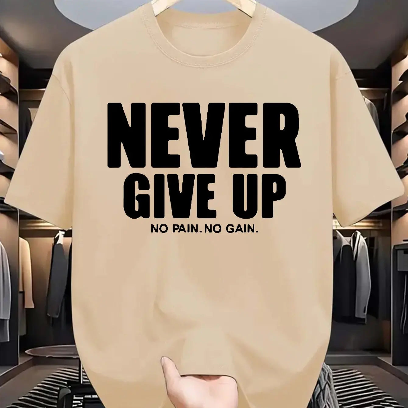 T-shirt homme à manches courtes et col rond, 100 % coton pur, décontracté, ample, avec motif de lettres "never give up" imprimé