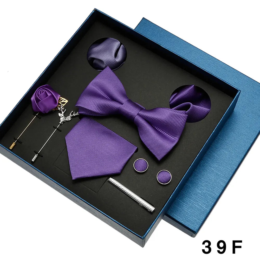 Cravate en soie pour hommes, nœud papillon, pochette, broches, boutons de manchette et pince à cravate pour hommes, accessoires de mariage rouge bordeaux, coffret cadeau