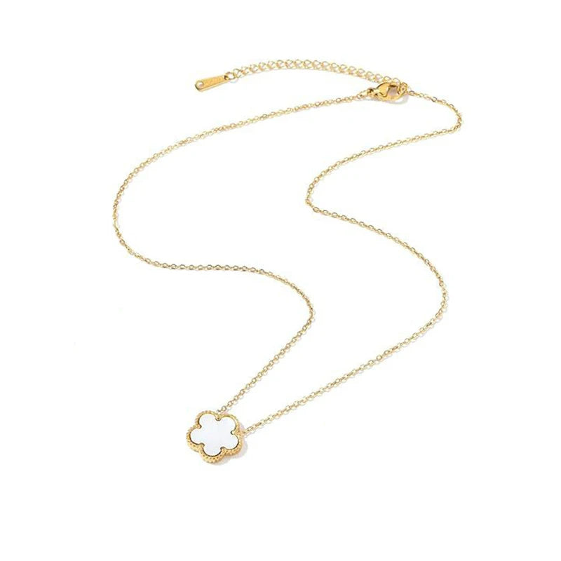 Collier en Acier Inoxydable Plaqué Or 14 Carats pour Femme, Pendentif Double Face Cinq Pétales de Fleur, Bijou Trèfle