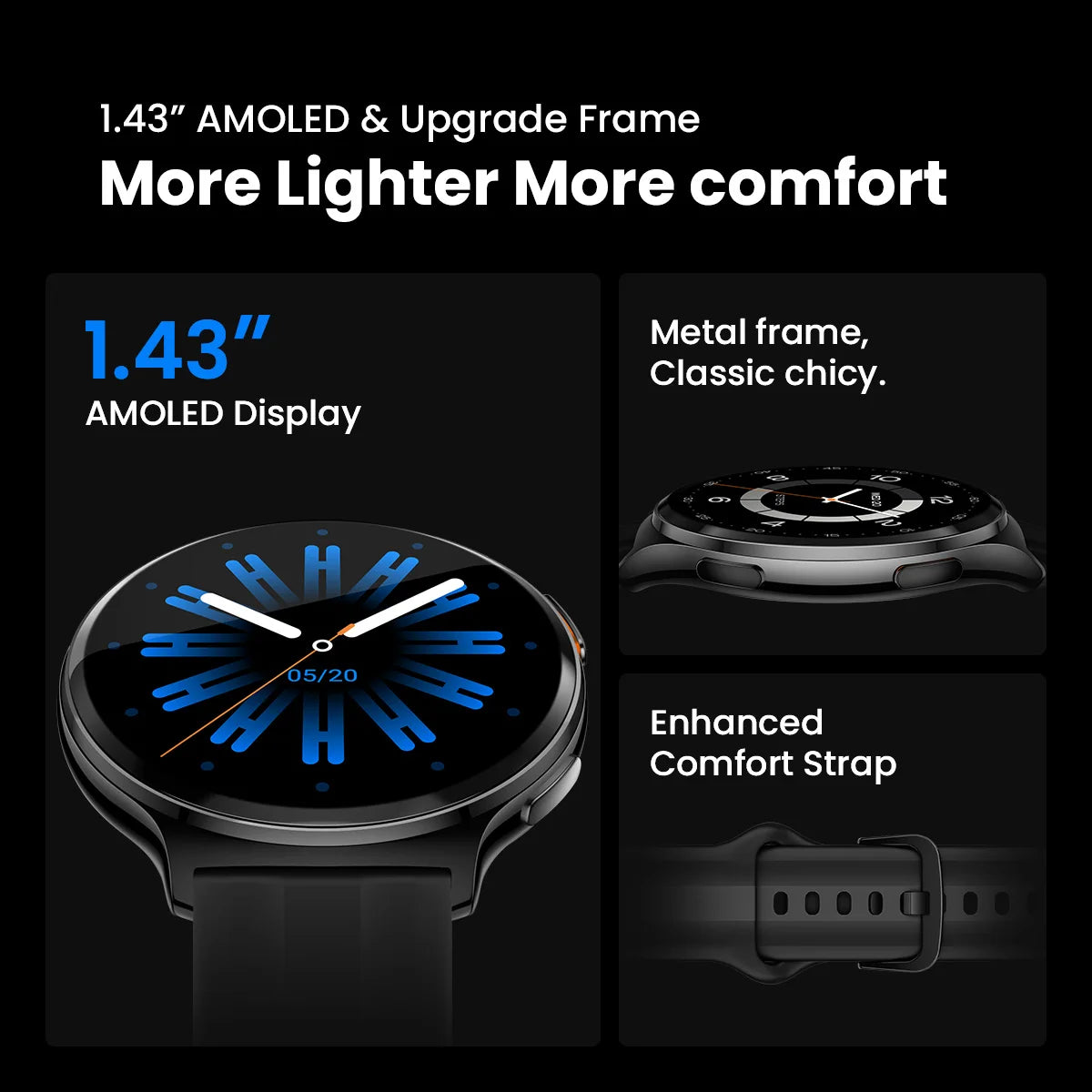 Montre connectée HAYLOU Solar Lite 2 Écran AMOLED 1,43'' Surveillance de la santé 24h/24 150+ modes sportifs Appel vocal Montre connectée 1ATM